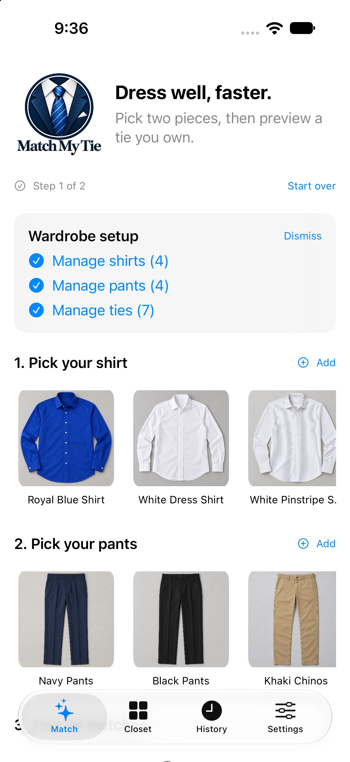 Match My Tie with a royal blue shirt and black pants selected