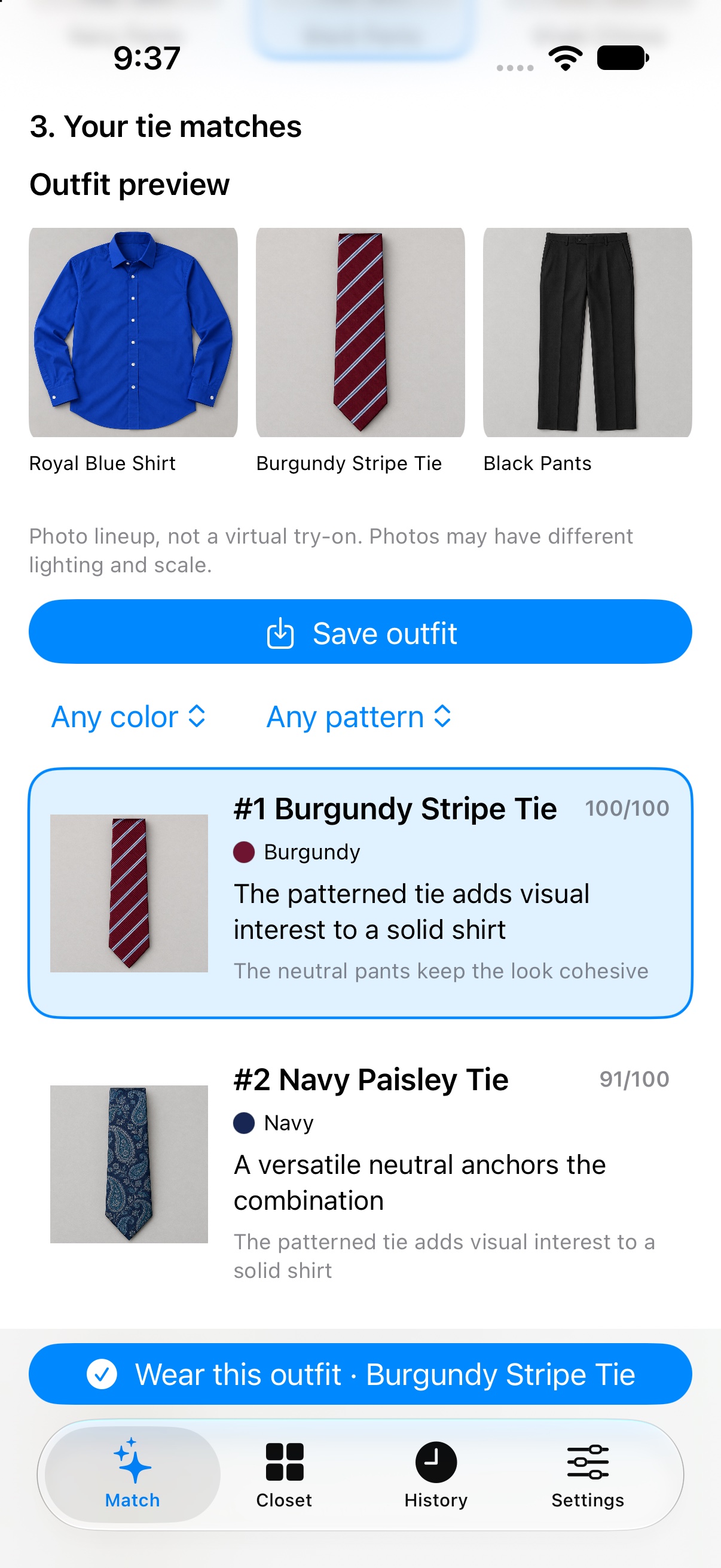 A saved outfit preview and ranked tie recommendations
